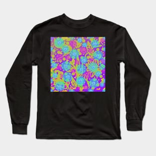 Tropicana 3. A bright, floral summery design in lime, purple, pink and blue. Long Sleeve T-Shirt